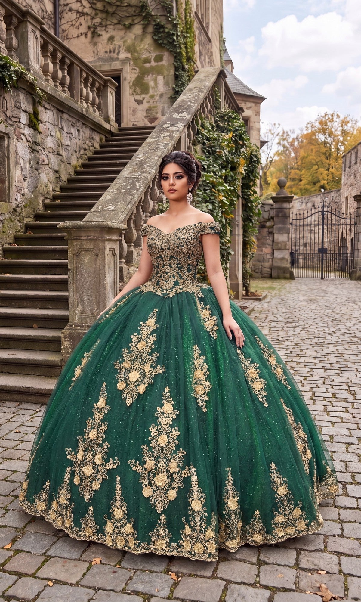 Wearing the Quinceanera Dress CHF3051 By Chicas in green and gold, a woman stands on a cobblestone path near stone stairs and an ivy-covered old building, the full ballgown skirt flowing elegantly around her.